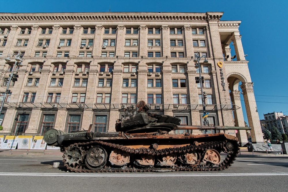 Kyiv, Ukraine - August 24, 2022: Destroyed military machinery of the Russian occupiers on the main street of the city on Ukraine's Independence Day.