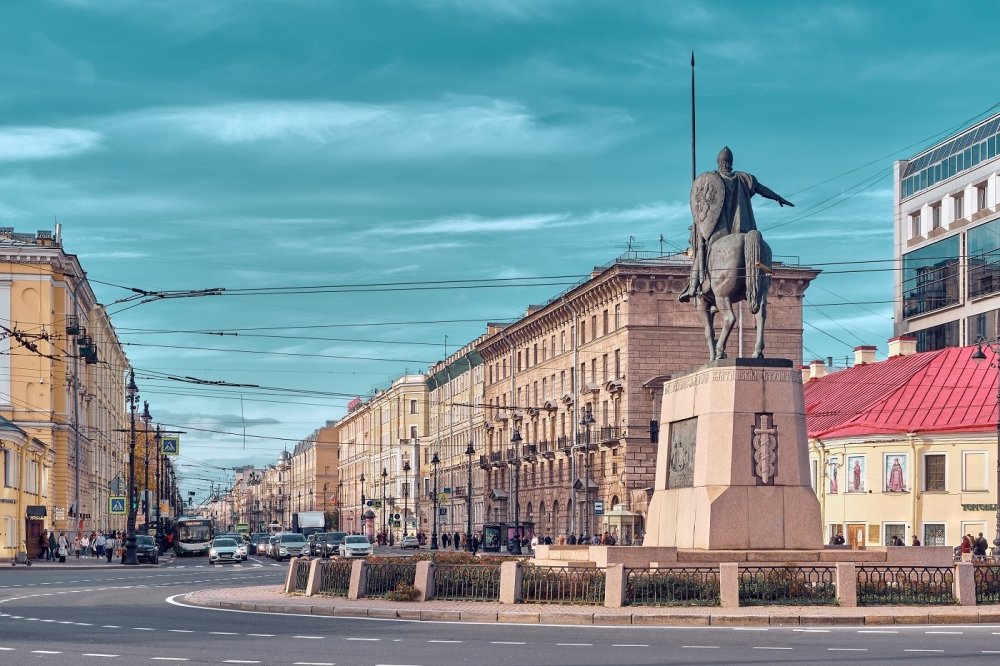 Monument on Alexander Nevsky Square in St Petersburg overlooking Nevsky Prospekt