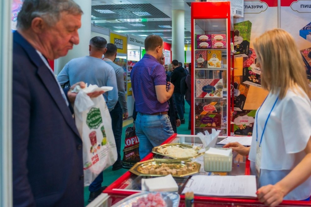Vendor stalls at the 30th International Exhibition for Food, Beverages, and Food Raw Materials in Moscow, Russia
