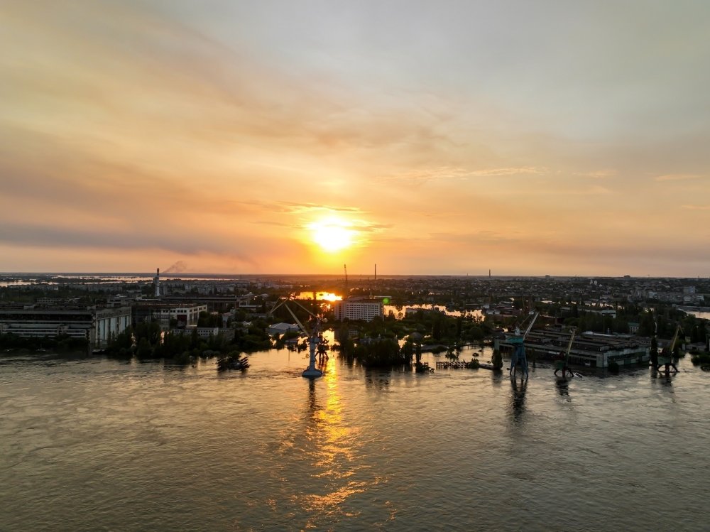 Flooded port infrastructure of the city of Kherson