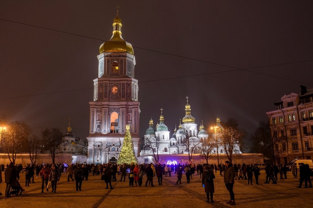Christmas tree at Sofiyska Square in front of the St Sophia Cathedral in central Kyiv, Ukraine, December 6, 2023