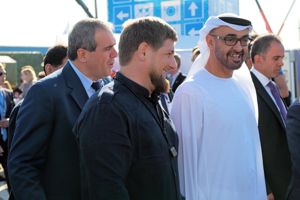 ZHUKOVSKY, RUSSIA - AUG 25, 2015: The President of the Chechen Republic Ramzan Kadyrov and crown Prince of Abu Dhabi Mohammed al Nahyan at the International Aviation and Space salon MAKS-2015