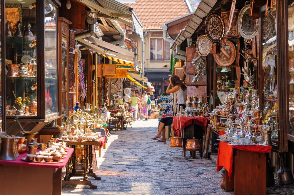 Street with shops in Sarajevo.