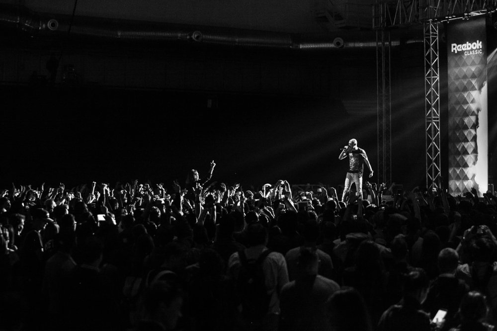 Black and white image of a rock concert 