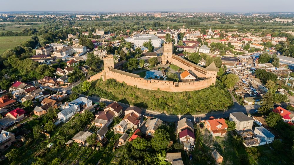 aerial view on the Lutsk castle. Prince Lubart stone castle, landmark of Lutsk city, Ukraine.