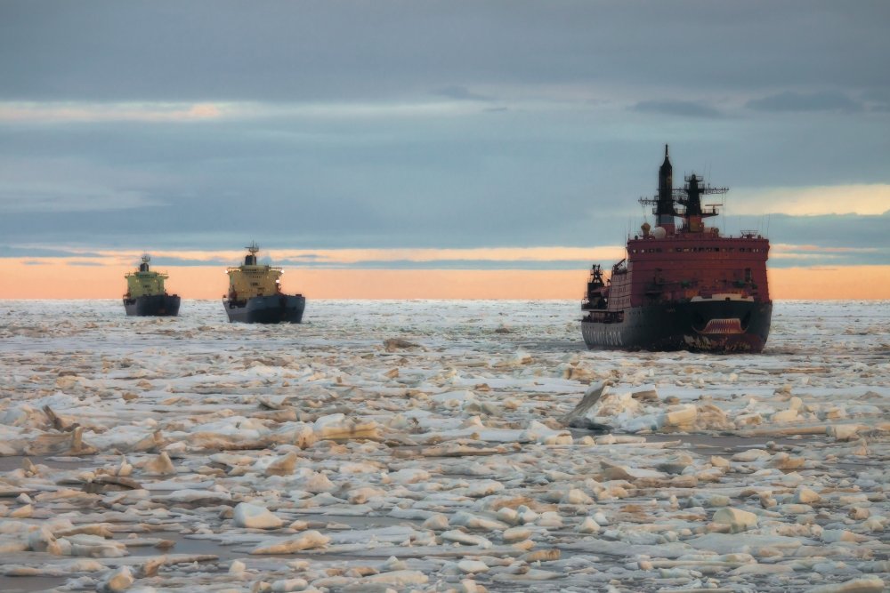 Russian icebreakers sail in the North Sea.
