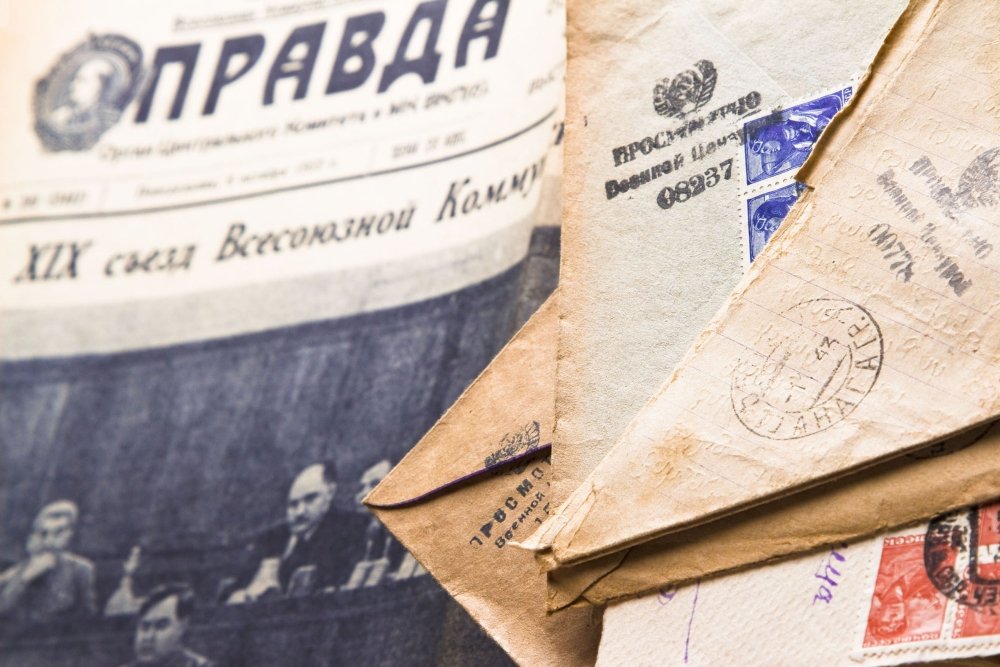 A stack of letters from World War II on the newspaper Pravda