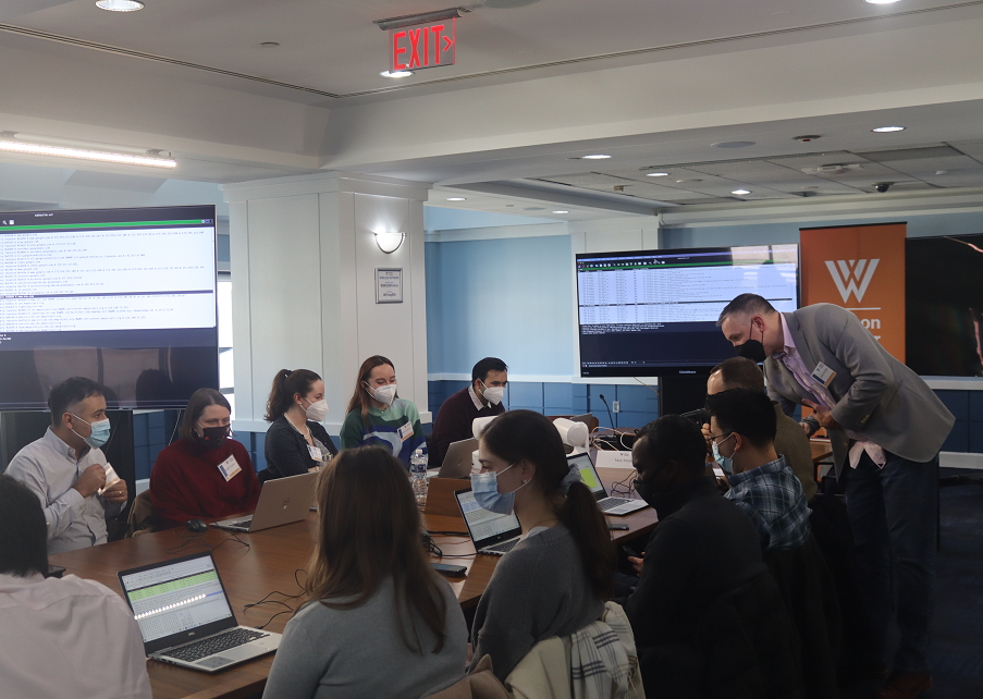 An in-person Tech Labs class hosted at the Wilson Center during COVID, using safety precautions
