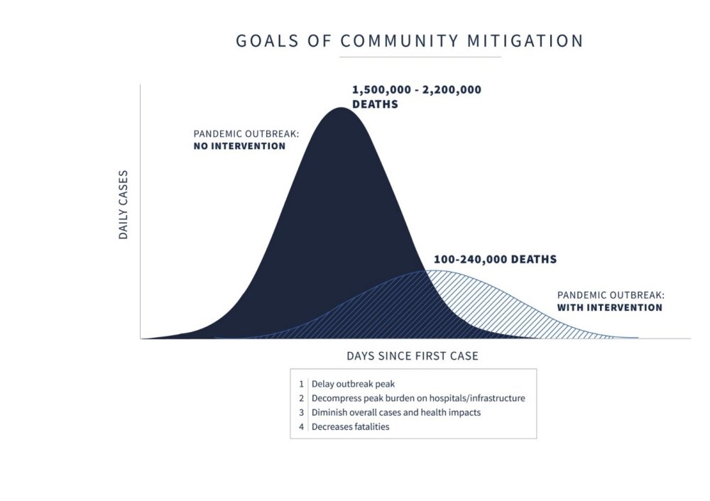 Goals of Community Mitigation, a slide from one of the early White House coronavirus briefings 