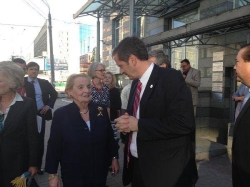 Former Secretary of State Madeleine Albright and Wilson Center President, Director and CEO Ambassador Mark Green in Ukraine, where they served as election observers in 2014. 