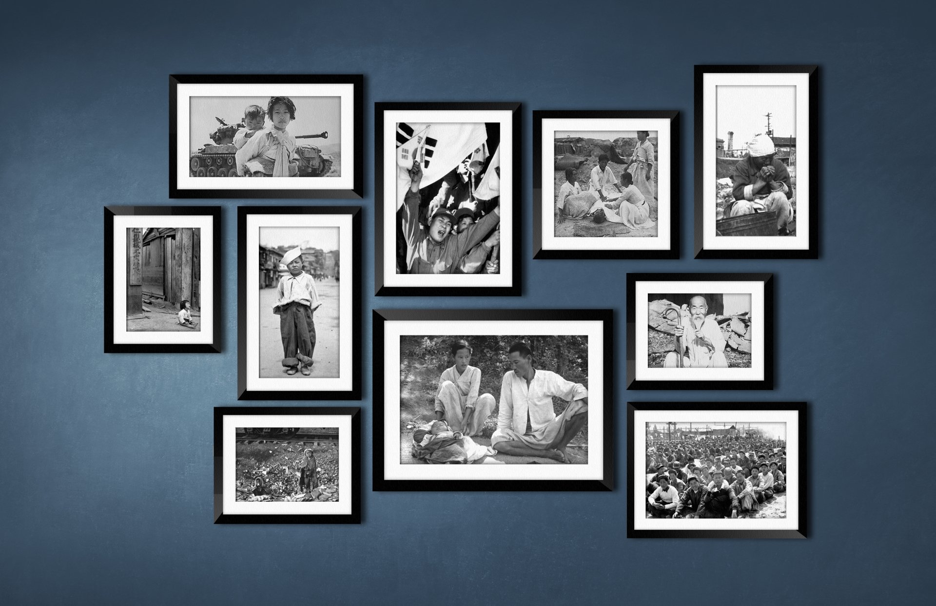 A collage of photo frames containing black and white photos with historical images from the Korean War.