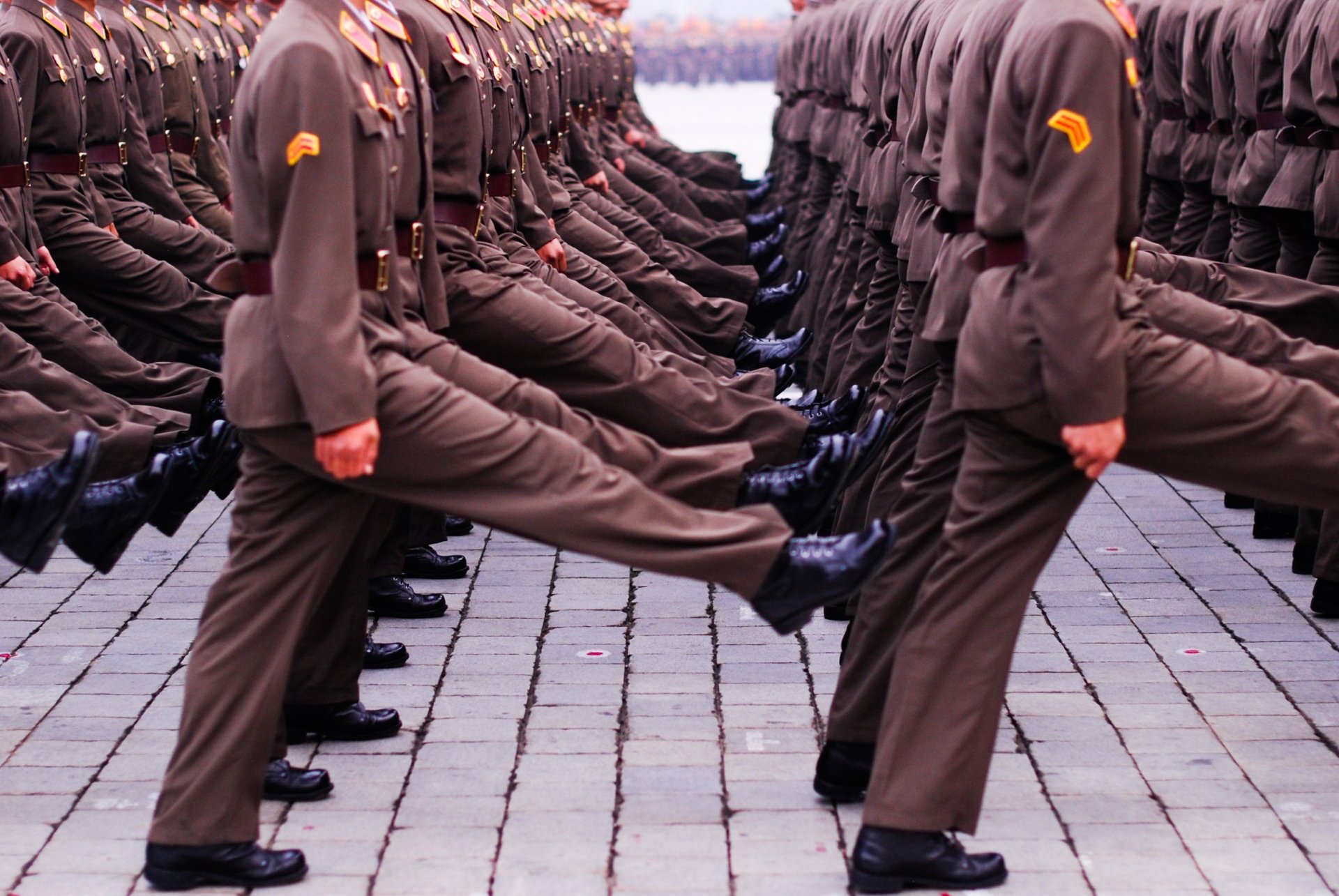 North Korean soldiers march in unison.