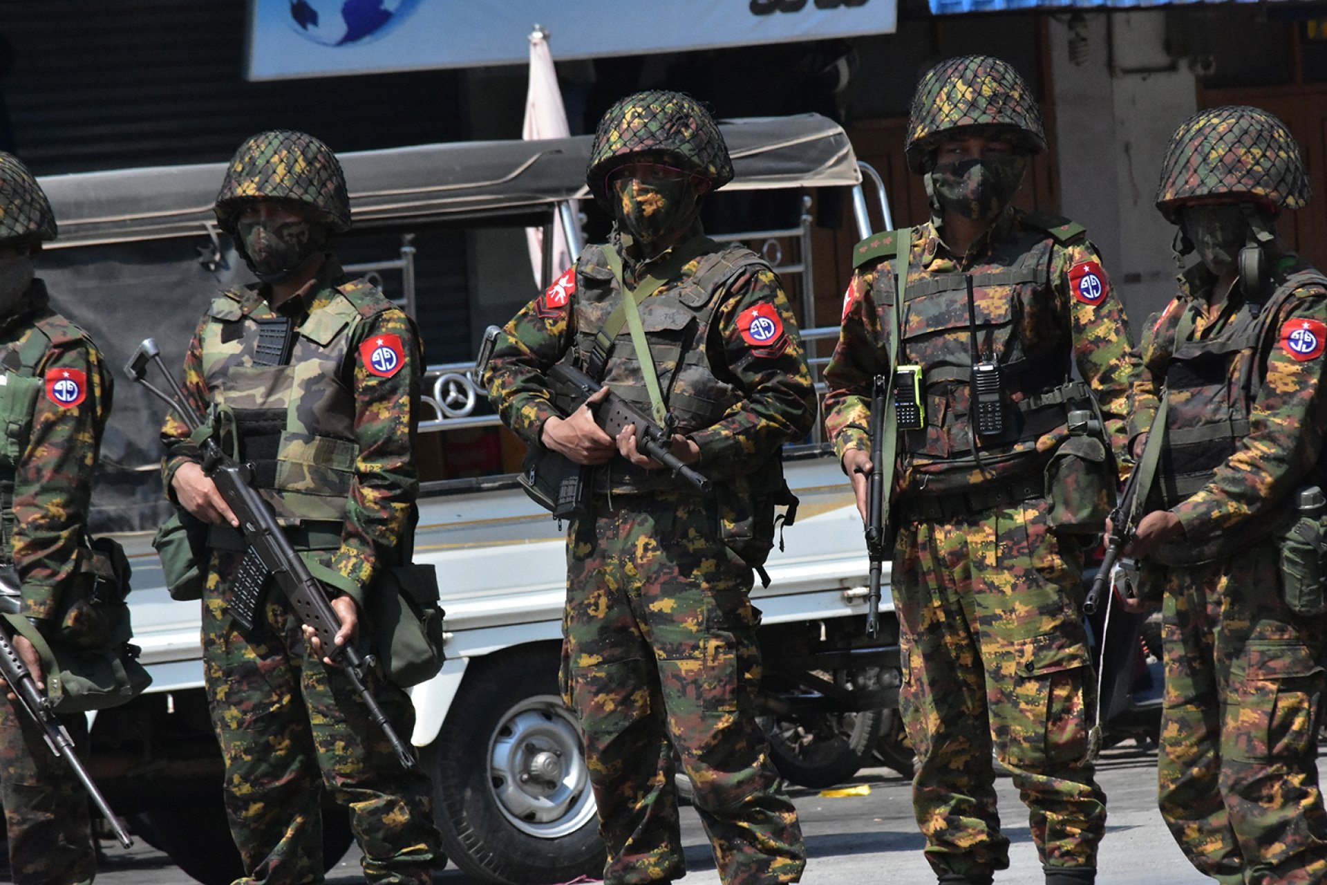 A line of soldiers in Myanmar.