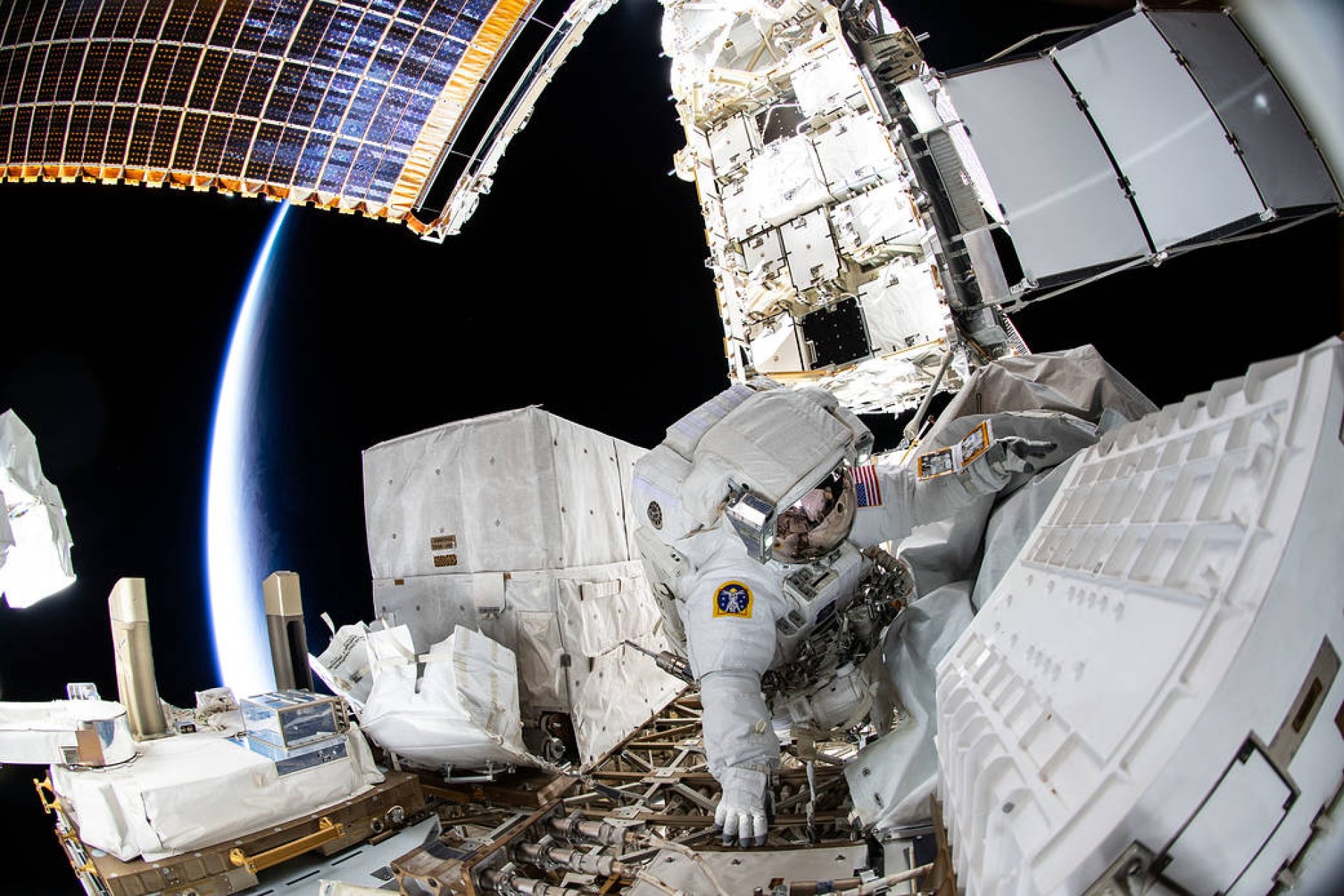 NASA spacewalker Kayla Barron is pictured during a six-hour and 32 minute spacewalk.