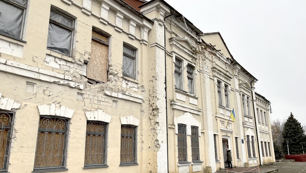bullet holes in building in Ukraine