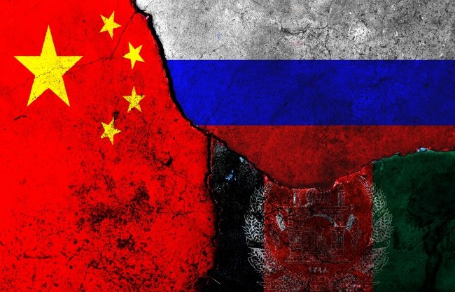 A graphic with the flags of China, Russia, and Afghanistan