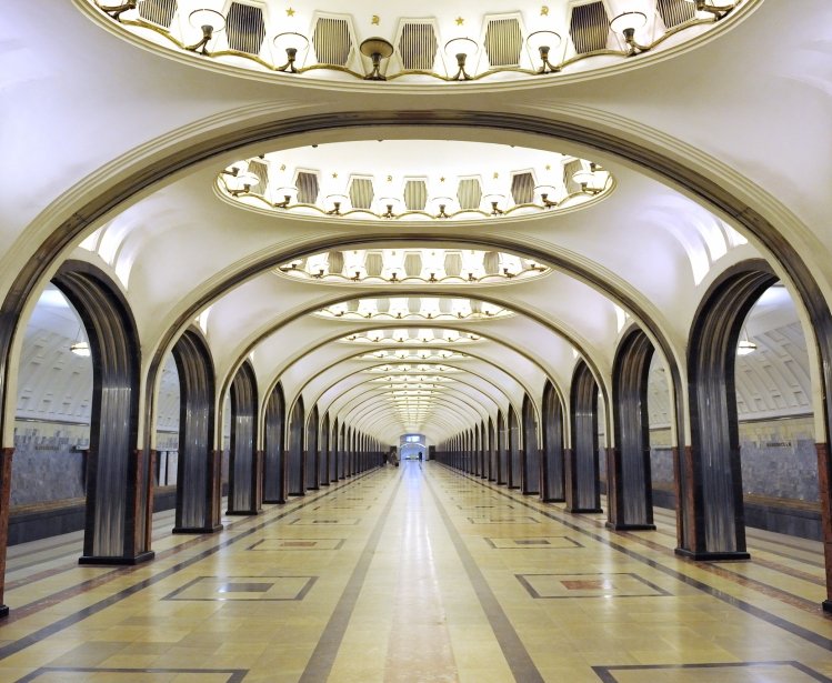Moscow Metro Platform at the Mayakovskaya Station by Tim Adams