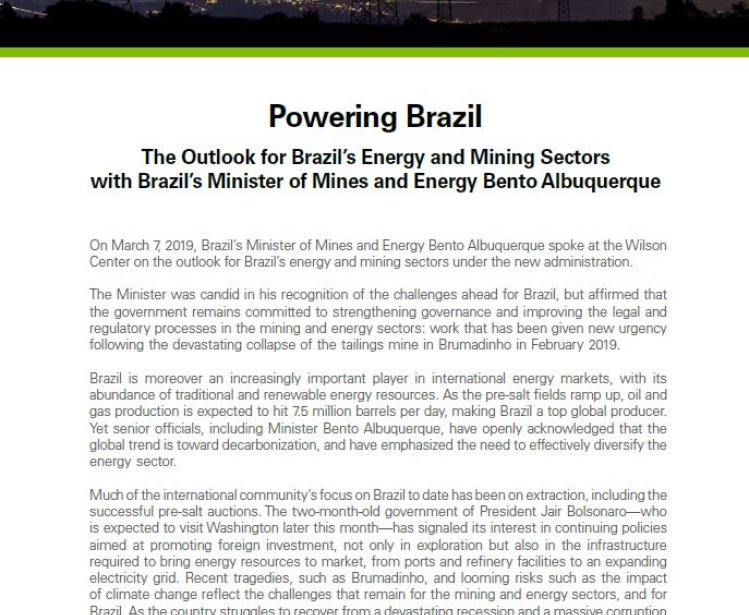 Event Transcript: Powering Brazil - The Outlook for Brazil's Energy and Mining Sectors, with Minister Bento Albuquerque