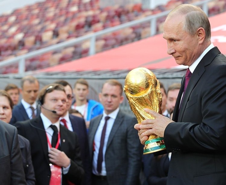 Vladimir Putin at the 2018 FIFA World Cup Trophy Tour kick-off ceremony.