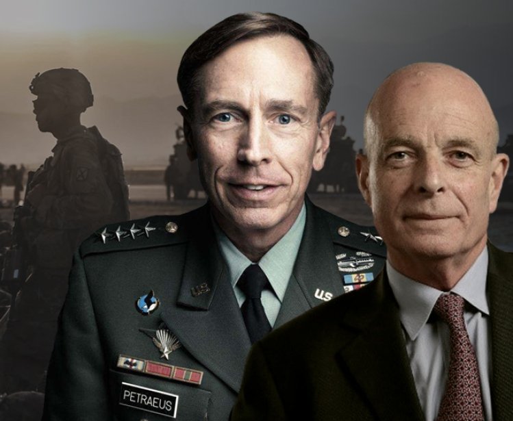 Photos of Gen. David Petraeus and Sir John Scarlett with a background of U.S. Soldiers