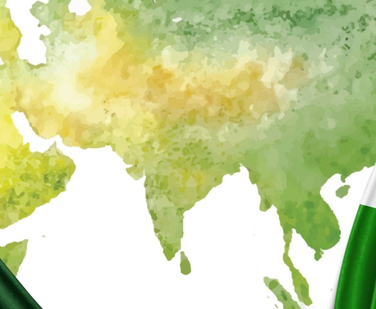 Flags of Pakistan and India in front of a world map.