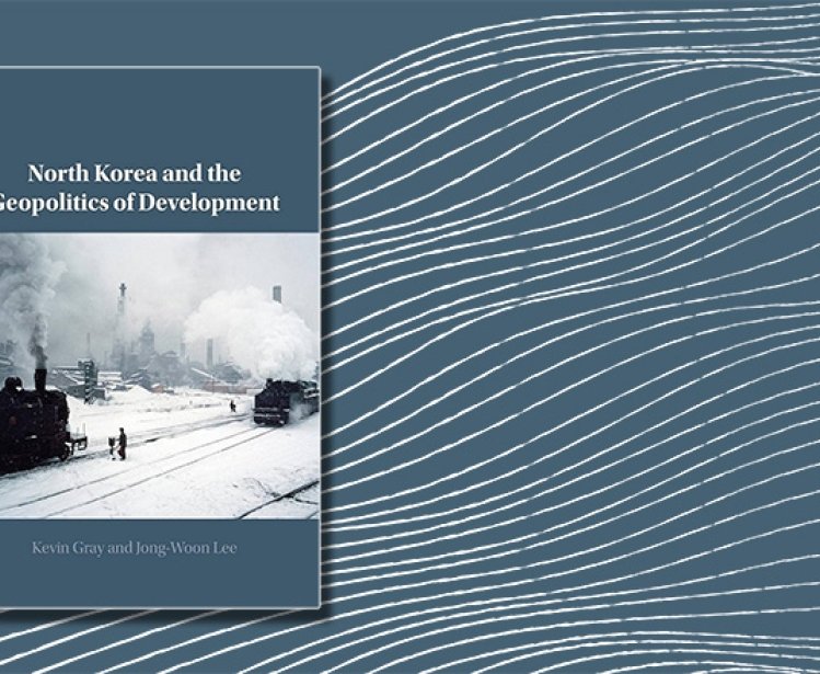 An abstract background with the cover of the book North Korea and the Geopolitics of Development