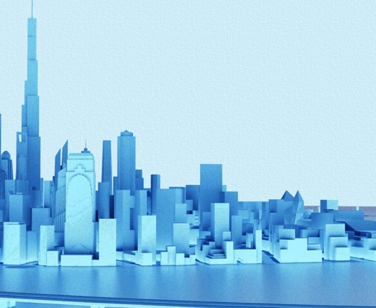 A rendering of a city skyline in monochromatic blue