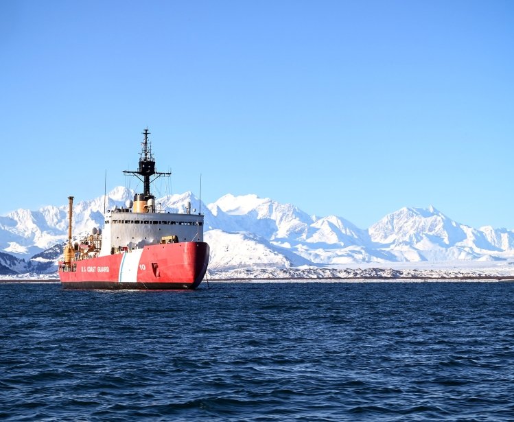 USCG Cutter Polar Star sits at anchor in Taylor Bay, Alaska during Arctic deployment