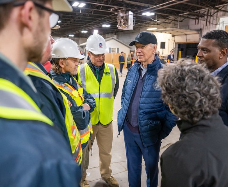 President Joe Biden receives a briefing on the response and recovery efforts in response to the 2023 Norfolk Southern train derailment, Friday, February 16, 2024, in East Palestine, Ohio. (Official White House Photo by Adam Schultz)
