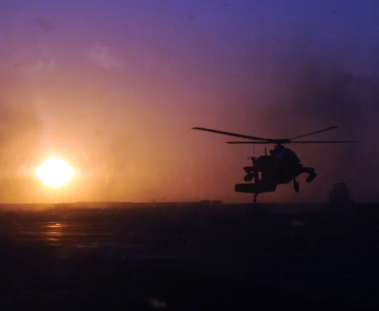 A helicopter takes off in Afghanistan.