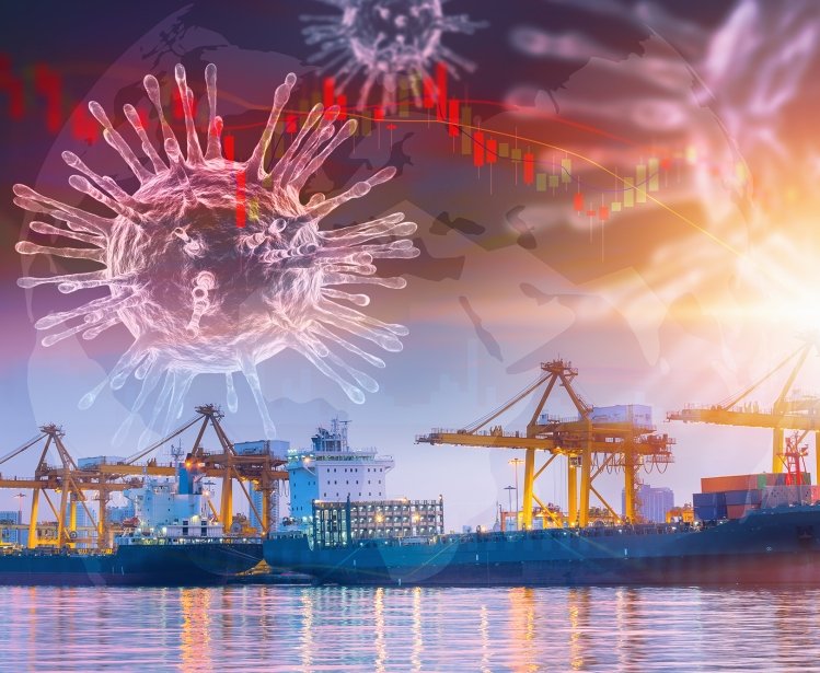 A financial graph and images of the coronavirus layered over a picture of container ships.