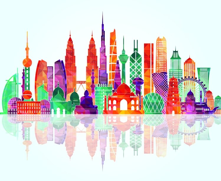 A colorful stylized skyline graphic featuring famous buildings in Asia.