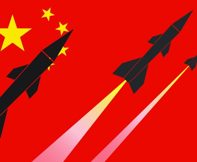 A graphic showing nuclear weapons launching in front of the Chinese flag.