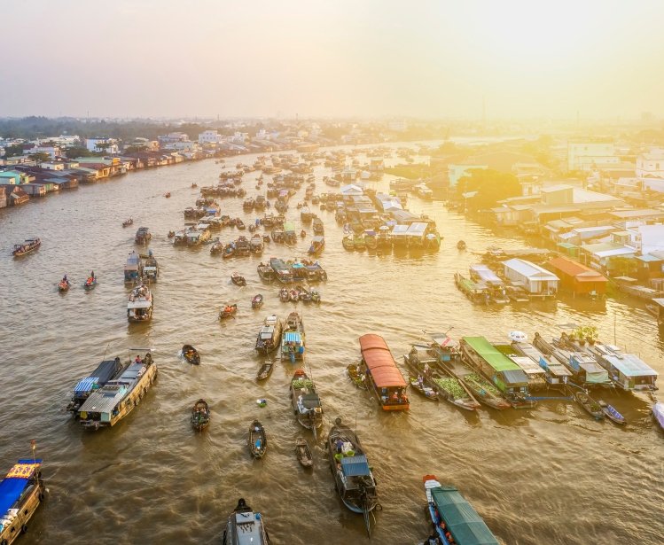 Boats forming a floating market on the Mekong River.