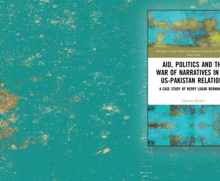 The cover of the book Aid, Politics, and the War of Narratives in the US-Pakistan Relations on a green and gold background.