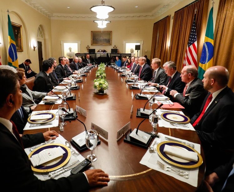 The President of Brazil, Jair Bolsonaro, during an extended meeting with the President of the USA, Donald Trump, at the White House, in Washington (USA).