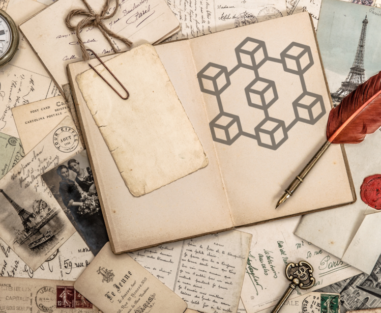 Image of a quill and an open diary with a blockchain graphic on it