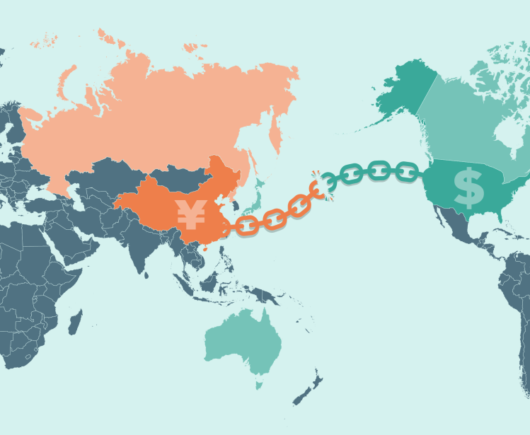 A chain connecting the United States and China with a break in the middle