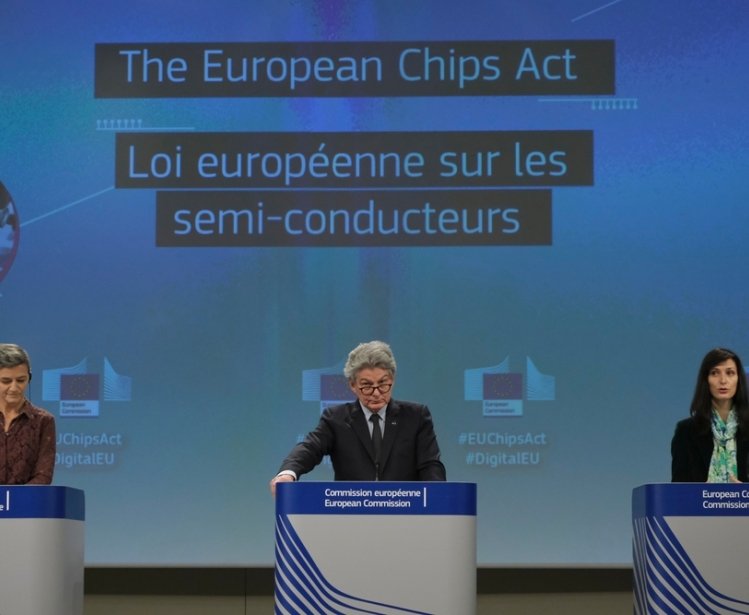 EU Commissioners Margrethe Vestager, Thierry Breton, and Mariya Gabriel giving a press conference on the European Chips Act in Brussels, Belgium on February 8 2022.