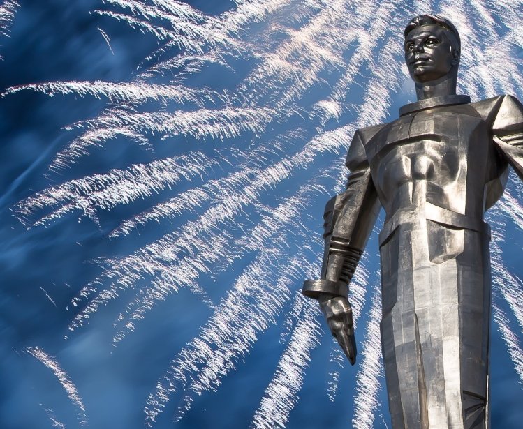 Monument to Gagarin in Moscow with fireworks in background