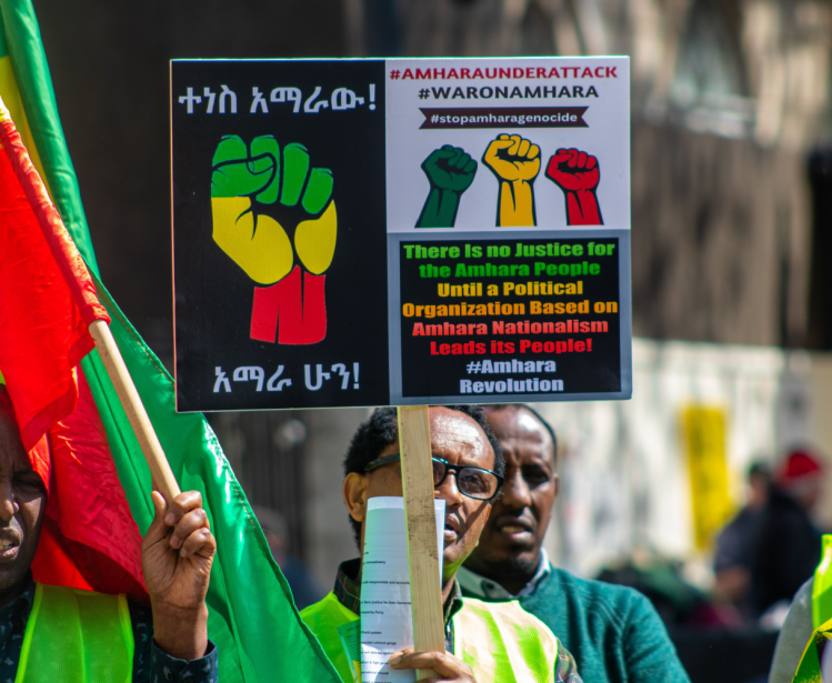 Protesters gather in London in response to the Amhara conflict on May 20, 2023.