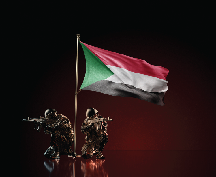 Concept of military conflict with soldier statues and waving national flag of Sudan