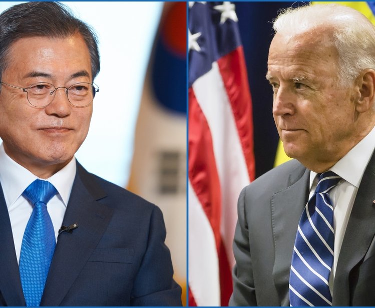 Two photos, with Moon Jae-In on the left and Joe Biden on the right.