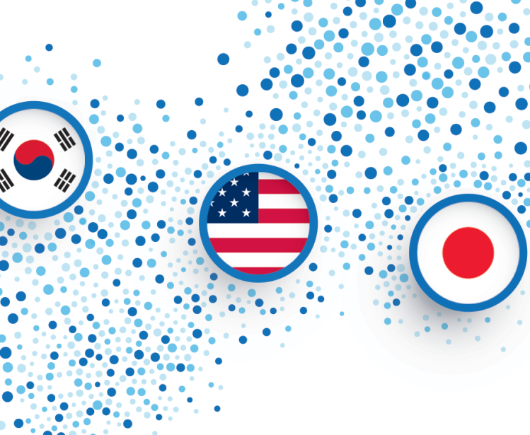 Icons with the flags of South Korea, the United States, and Japan on an abstract blue background that connects them with dots.