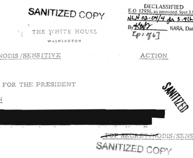 A collage of classification markings, declassification tags, and redacted information derived from a US government record