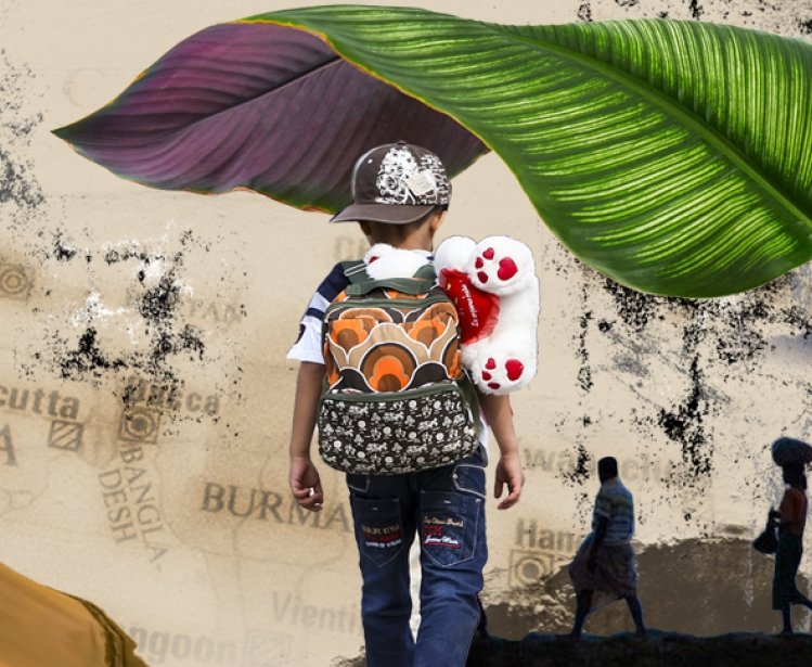 Collage that includes people holding a sign, a large leaf, and people travelling