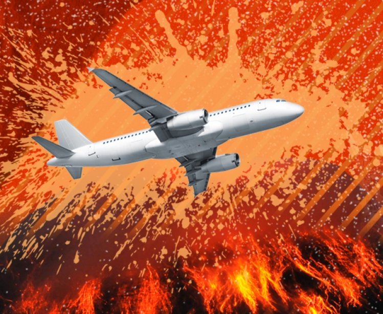 Illustration of a plane flying over an exploding volcano