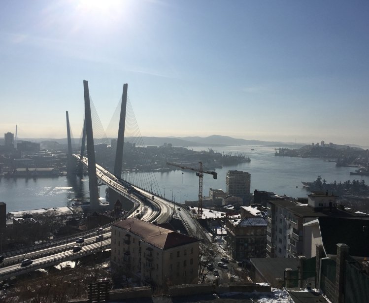 Aerial view of the Golden Bridge in Vladivostok 