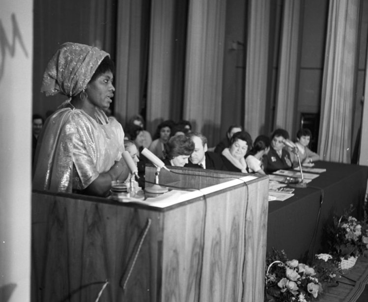 The celebration of the International Women's Day on March 8 at the Patrice Lumumba People's Friendship University. Wilhelmina Scott Boyle, a third year student from Sierra Leone speaks at the podium.