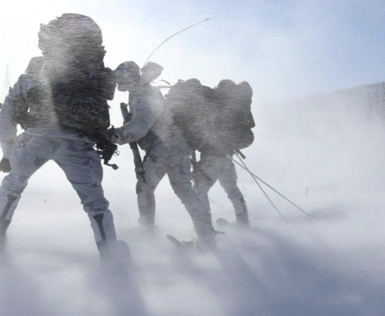 Soldiers walking through snow in the Arctic